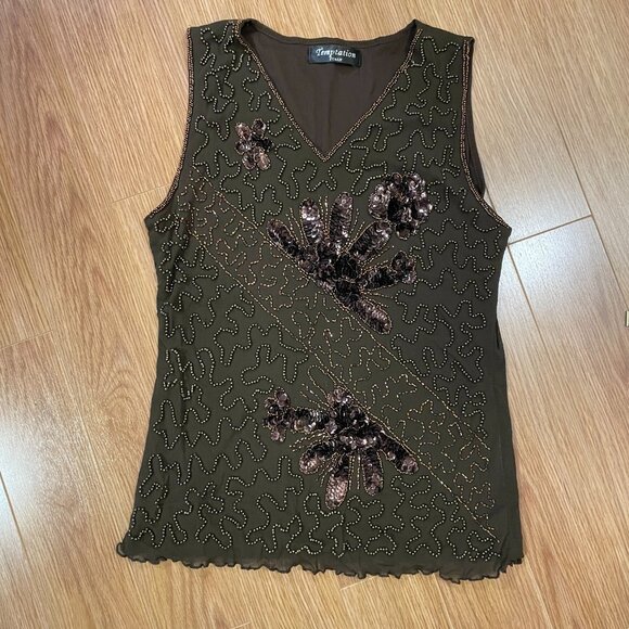 Vintage Embellished Sequin Sleeveless Top Brown - Picture 3 of 11